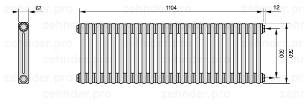 Схема (чертеж) Радиатор Zehnder Charleston 2056/24 №7610 Белый глянцевый RAL 9016